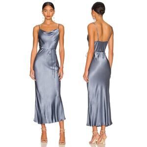 Shona Joy La Lune Bias Midi Dress Cowl Neck Satin Spaghetti Strap Blue Smoke 2